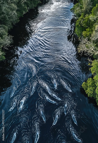 A dramatic aerial view shows a massive school of Atlantic salmon swimming through the river, their movement creating ripples in the water. Stock