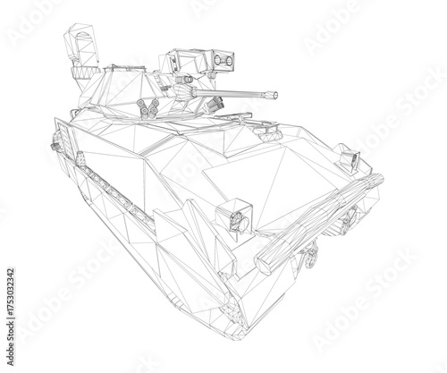 Battle Tank 3D wireframe model isolated on white background. This realistic military vehicle set features detailed mesh structure and clean presentation.
