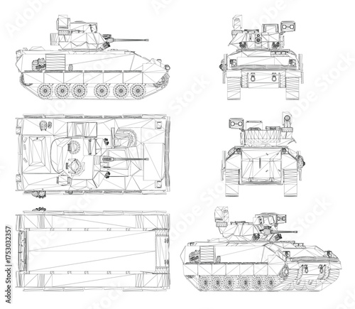 Battle Tank blueprint technical drawing on a white background. This detailed wireframe set provides a comprehensive military schematic overview.