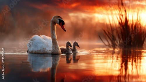 A serene scene of a mother swan gliding on calm waters with her two cygnets during a breathtaking sunset, encapsulating the beauty of nature and family bonds.