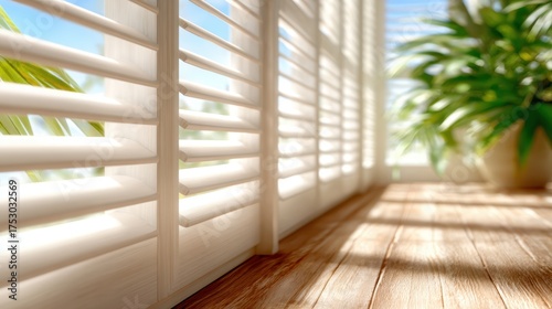 The image captures soft sunlight streaming through wooden blinds, creating a warm and inviting atmosphere complemented by a vibrant green plant in the foreground.