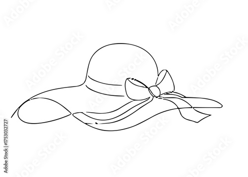 Elegant wide-brimmed hat with ribbon in minimalist line art style  