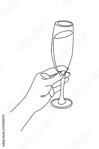 Hand holding a champagne flute in minimalist line art style  