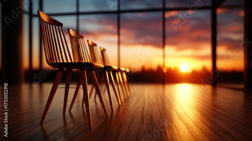 A serene interior scene displays four contemporary wooden chairs perfectly aligned, highlighted by a stunning sunset that casts a warm glow over the space.