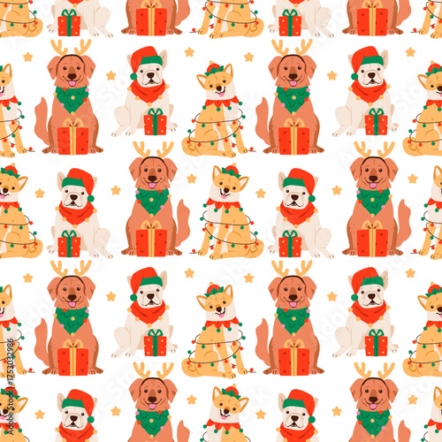 Adorable Christmas dog pattern featuring pugs, labradors, and shiba inu in cozy festive costumes. Ideal for winter celebration prints and joyful seasonal designs.