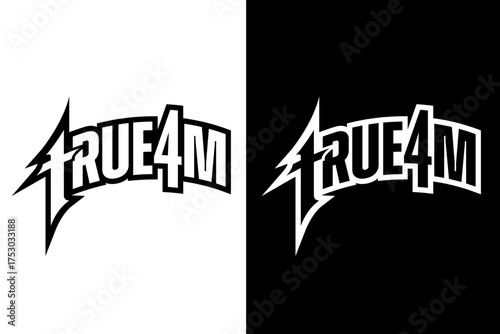 Dynamic 'TRUE4M' text logo with a lightning bolt graphic, presented in inverse black and white versions, conveying strength, energy, sports, fitness, and modern edgy branding