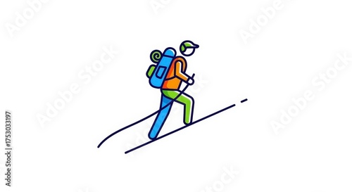 Illustration of a person with a backpack hiking up a hill with trekking poles.