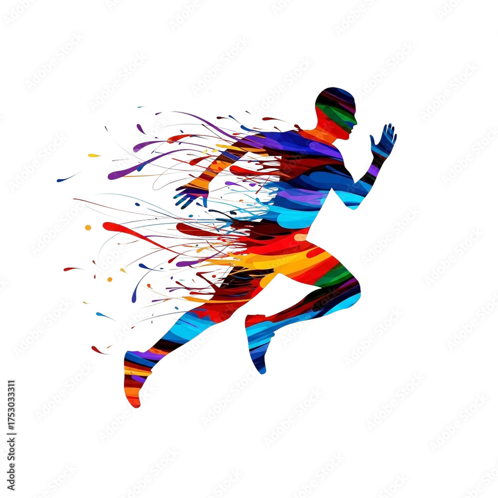 Naklejka premium Silhouette of a runner dissolving into colorful abstract paint splashes isolated on a transparent background