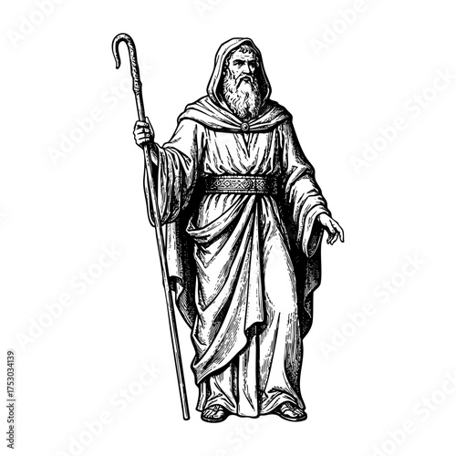 moses with Staff Engraving Vector Illustration