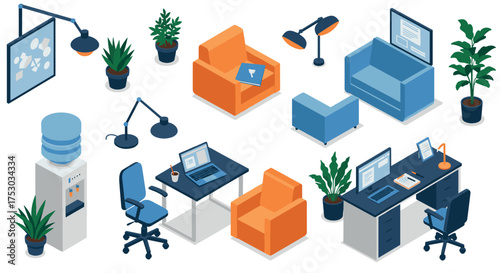 Modern office furniture and decor collection in isometric style