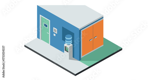 Isometric office space with water cooler and storage cabinet in minimalist style