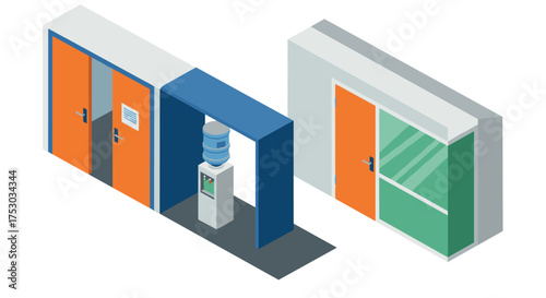 Modern office doors and water cooler in isometric design