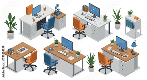 Modern isometric office desks with computers and chairs in creative workspace setting