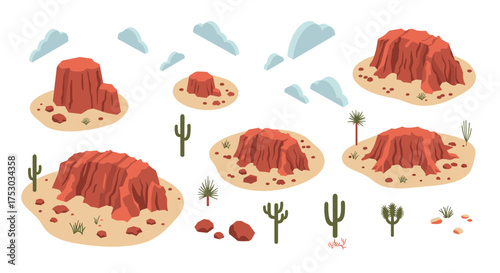 Collection of desert landscapes with cacti and mesas in flat style