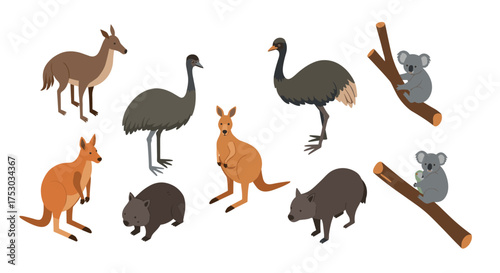 Australian wildlife collection featuring kangaroos, emus, wombats, and koalas in flat design style