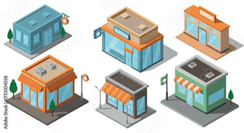 Isometric city buildings collection with modern shopfront designs and different roof styles
