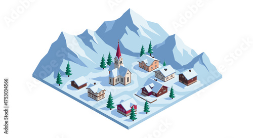 Isometric winter village in mountains with church and snowy chalets