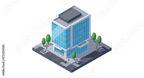 Modern isometric office building with glass facade and urban street scene