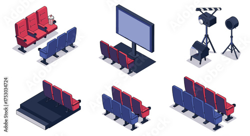 Isometric cinema seating and equipment: theater rows, screens, lights, projector