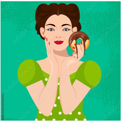 A retro-style girl holding a donut