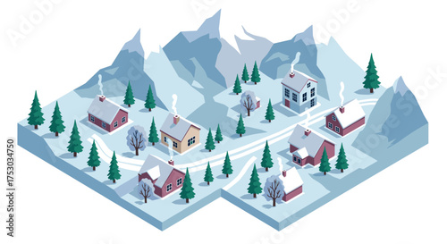 Charming winter village in isometric style with snow-capped mountains and cozy homes
