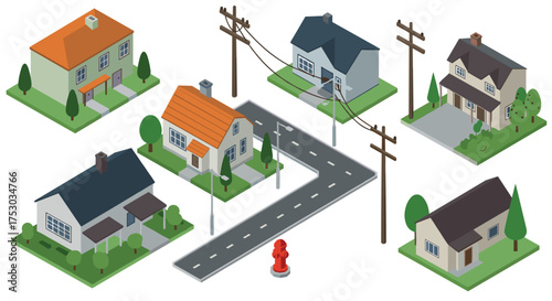 Charming isometric neighborhood with houses and street elements