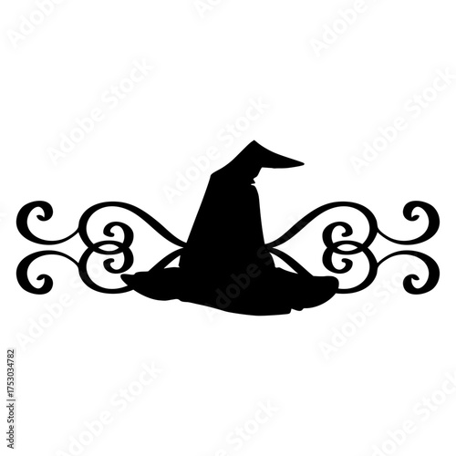 Logo con silueta de sombrero de bruja con filigrana caligráfica. Silueta con florituras para tarjetas y felicitaciones de Halloween