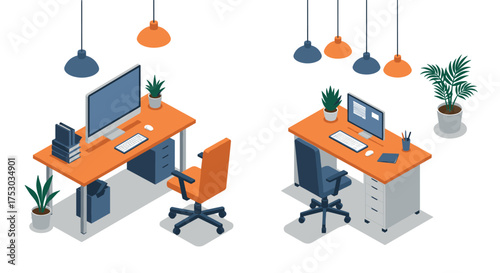 Modern office isometric design with desks and chairs