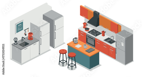 Modern isometric kitchen design with appliances and breakfast bar