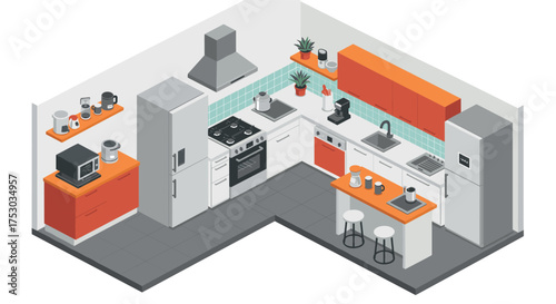 Modern isometric kitchen design with appliances and orange accents