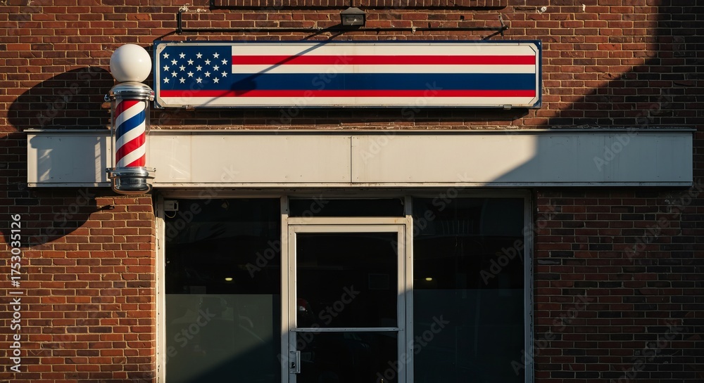 Naklejka premium Barber shop barbershop pole american flag brick building facade haircut style grooming service classic