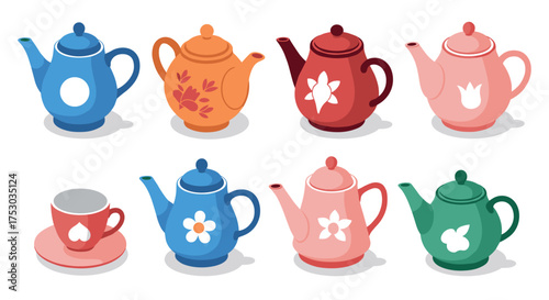 Isometric colorful teapots and teacup collection with floral patterns