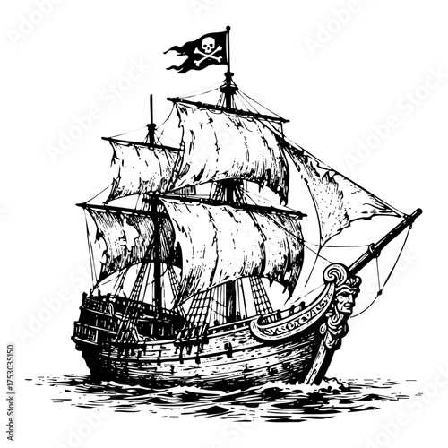 Vintage Pirate Ship Engraving Vector Illustration