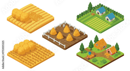 Isometric farm set with hayfields and houses