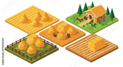 Isometric farm set with haystacks and wooden barn in pastoral landscape
