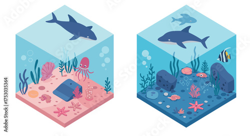 Isometric ocean scenes with marine life in aquariums