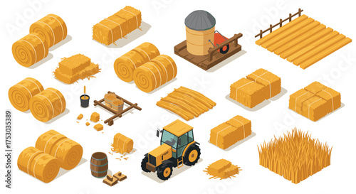 Isometric farm equipment and hay bales collection for agriculture design
