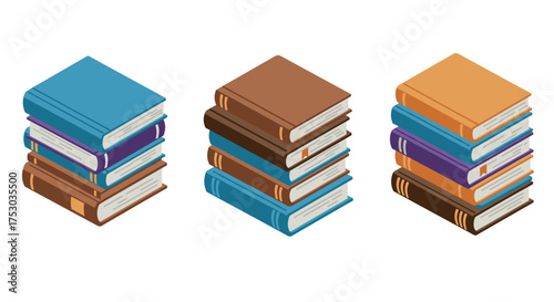 Isometric stacks of books in diverse colors and arrangements