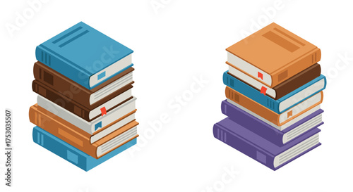 Isometric book stacks in various colors on white background