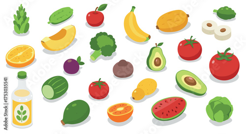 Colorful isometric fresh fruits and vegetables collection on white background