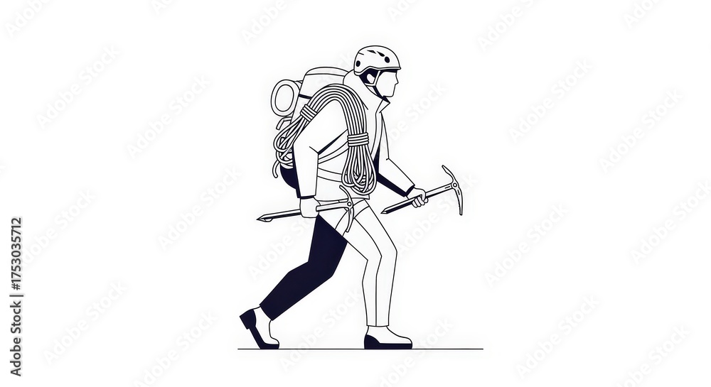 Fototapeta premium A person with climbing gear, including a backpack, rope, and ice axe, is walking.