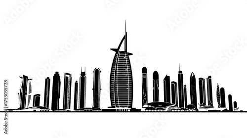 A detailed vector illustration of the Dubai skyline at eye-level, rendered in solid black on a pristine white background, showcasing the iconic Burj Al Arab in silhouette form, along with surrounding 