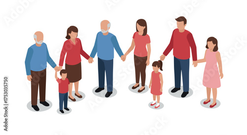 Isometric family gathering: multi-generational group holding hands in unity