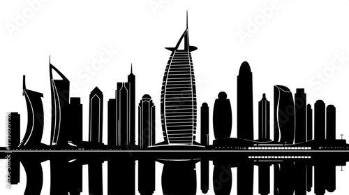 A detailed vector illustration of the Dubai skyline at eye-level, rendered in solid black on a pristine white background, showcasing the iconic Burj Al Arab in silhouette form, along with surrounding 