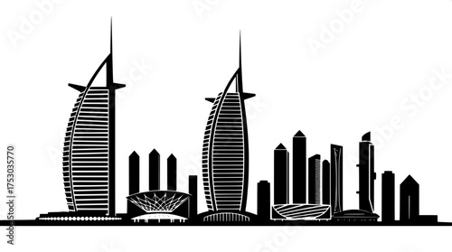 A detailed vector illustration of the Dubai skyline at eye-level, rendered in solid black on a pristine white background, showcasing the iconic Burj Al Arab in silhouette form, along with surrounding 