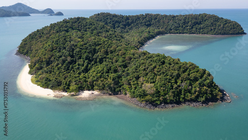 Aerial view on southern part fo Pentai Cenang beach on Langkawi island, Malaysia.
