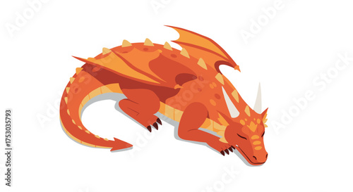 Sleeping orange dragon with wings in cute flat design on white background