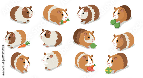 Isometric guinea pigs eating vegetables and fruits in various poses on white background