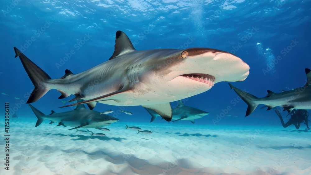 Fototapeta premium Shark encounter underwater adventure ocean waters wildlife photography vibrant environment close-up view marine life exploration