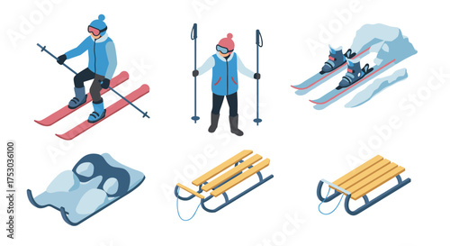 Winter activities: skier, sled, ski gear in isometric style for seasonal fun and adventure